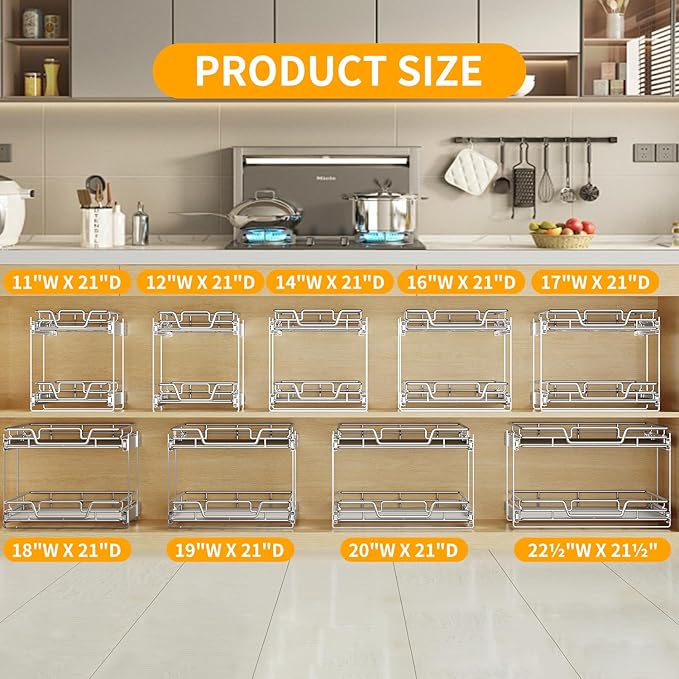 2-Tier Kitchen Cabinet Pull Out Shelf and Drawer Organizer Slide Out Pantry Storaqe Basket in Multiple Sizes (18" W x 21" D)
