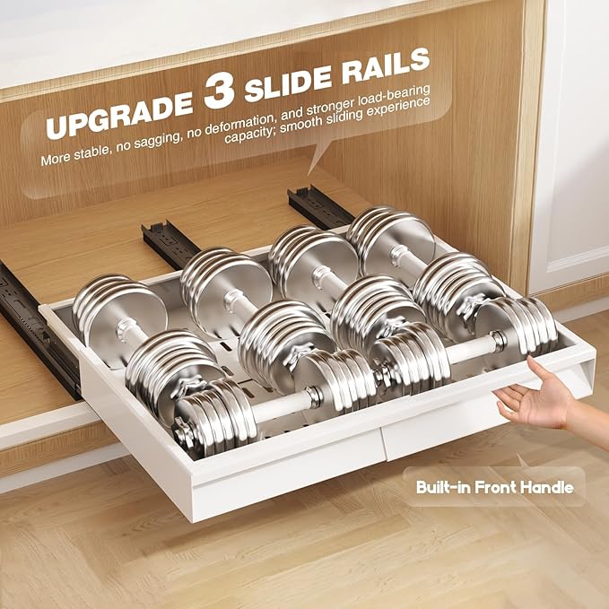 2 Pack Pull Out Cabinet Organizer With Raising Pad for Framed Cabinets,Expandable Width (13"-21") and Depth (13"-17"),3 Slide Rails Slide Out Drawers with Handle,No-Drill Roll Out Shelf,White