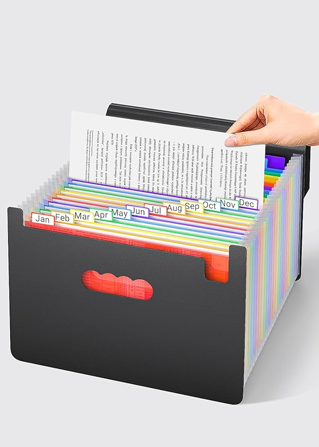 TOPCJ 25 Pockets File Organizer with Plastic Handle,Expanding File Folders for Receipt,Paper,Documents,Monthly tab Including in Accordion File Folder Organizer,Perfect Filing Folder Matte