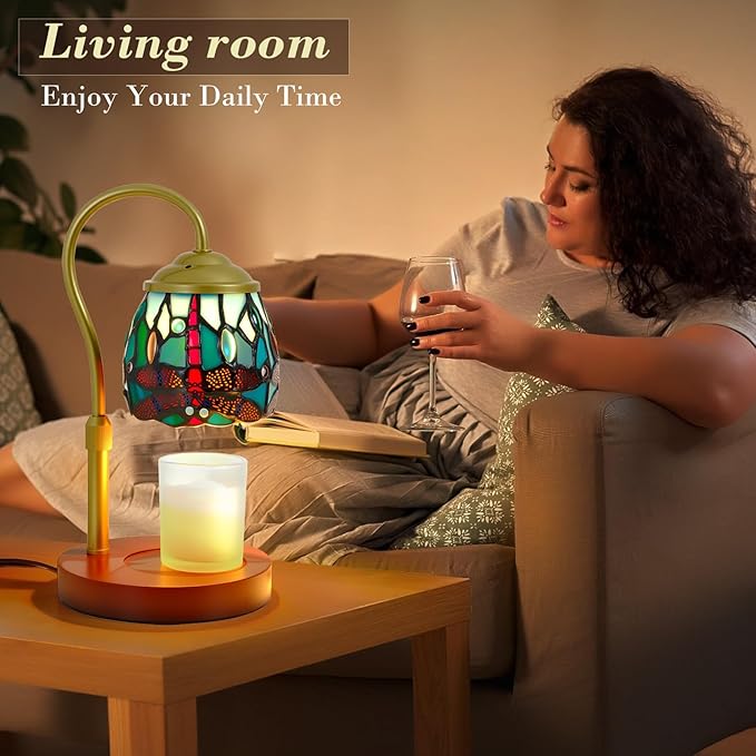 Candle Warmer Lamp Tiffany Style Dragonfly, with Timer Dimmer Adjustable Height, Stained Glass Candle Warmer Lamp with 2 Bulbs, Vintage Home Decor Gift, Wax Melt Warmer for Scented Jar Candles