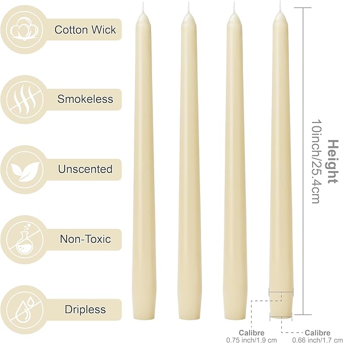 Ivory Taper Candles 10-Inch - Ivory Candlesticks Dripless Long Cream Tapered Candle Tall Unscented Smokeless Slow Burning Paraffin Wax Candle Sticks for Wedding Dinner Home Decor 4 Pack