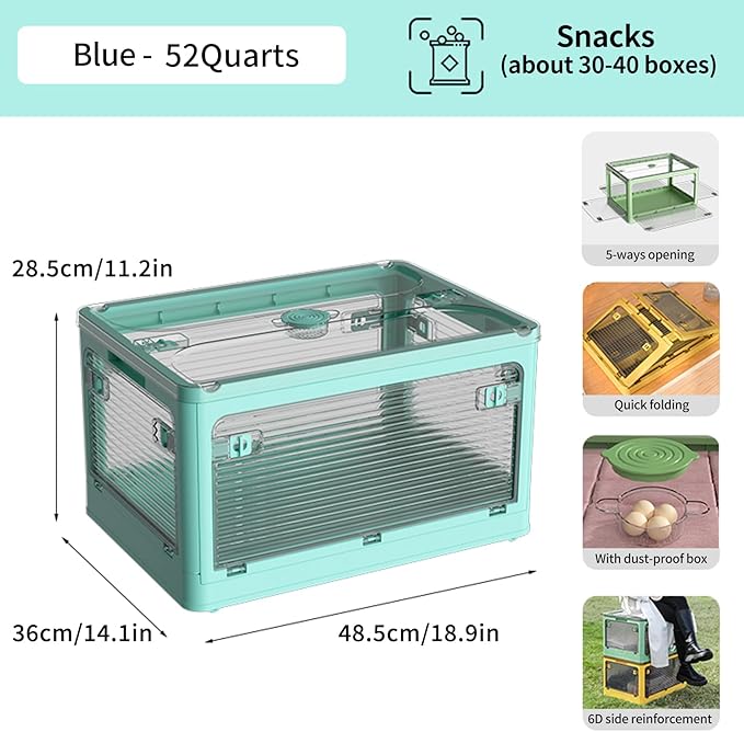 3-Pack Stackable Storage Bins, 50-Liter Collapsible Organizers with 3 Lids, Wheels, Foldable Collapsible Box for Outdoor Camping, Blue