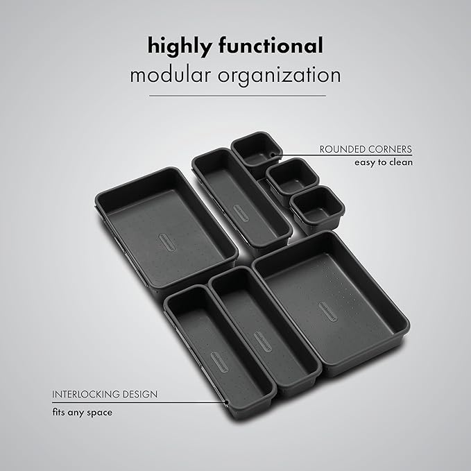 Madesmart 8-Piece Interlocking Bin Pack for Drawer Organization, Plastic Interlocking Junk Drawer Organizer Tray, Granite