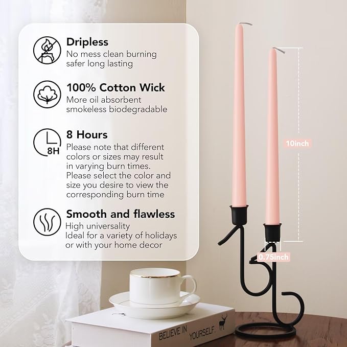 10-Inch Tall Dripless Taper Candles Set of 4 - Pearl Pink Tapered Candles, Perfect for Christmas - Smokeless, Unscented, Long Burning - Hand Poured, Colored Tall Candlesticks - Rosa Perla