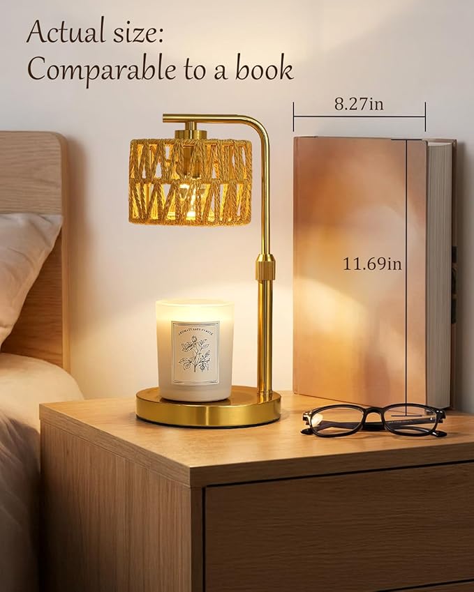 Candle Warmer Lamp with Timer, Dimmable Candle Warmer for Jar Candles, Height Adjustable Candle Lamp Warmer, Boho Rattan Lampshade and 2 Bulbs, Gift for Home Room Decor, Gifts for Women Mom (Gold)