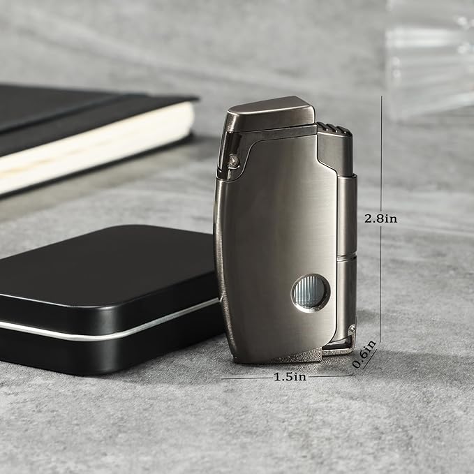 Double Torch Butane Lighter with Punch, Jet Windproof Lighter with Keyhole, Refillable and Adjustable, Great Gift for Men and Women, Sold Without Butane(Black)
