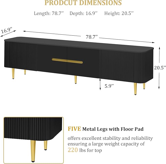 Amposei Modern TV Stand for up to 85-Inches TVs, Media Entertainment Center Console Cabinet with Storage for Living Room, Metal Legs, 78.7-Inch, Black