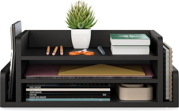 Ballucci 3-Tier Desk Organizer with 2 Side Mail Sorter Slots, Wood Letter Tray, Open Top Paper Organizer, Desktop File Organizer, Black