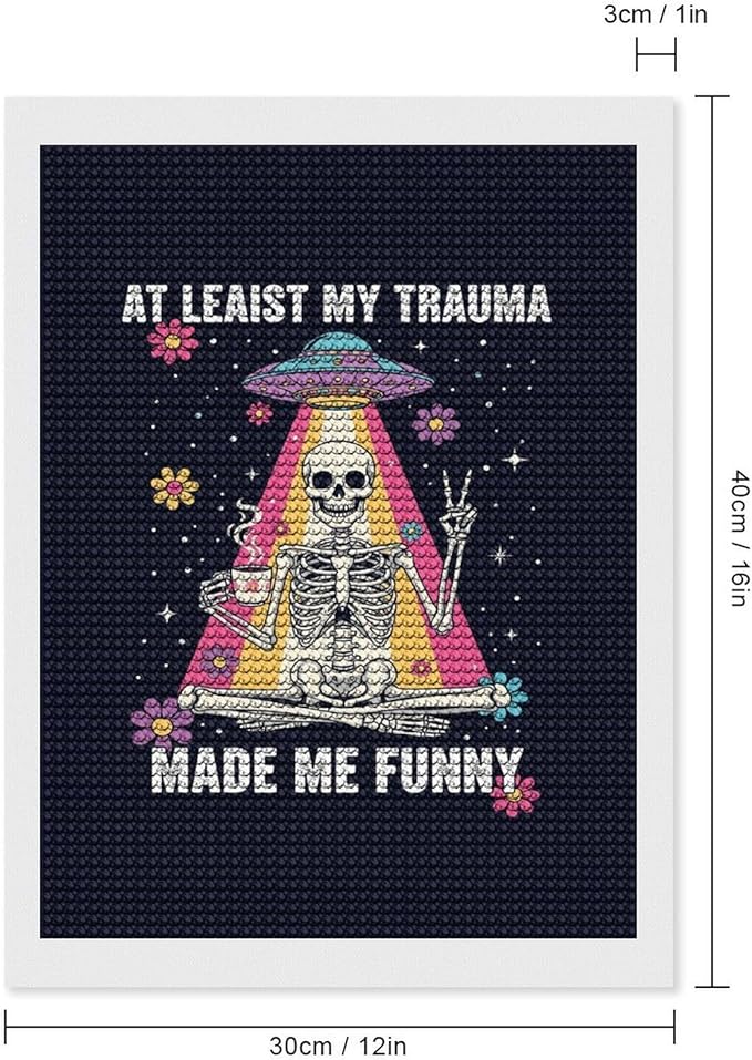 KIVJMSIDJA Diamond Art Kits for Adults Skull Skeleton “At Least My Trauma Made Me Funny” DIY Round Diamond Art for Home Wall Decor & Crafts Gifts 12"x16"