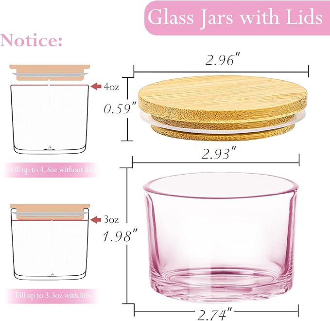 CONNOO 15 Pack 4 OZ Pink Glass Candle Jars with Airtight Bamboo Lids for Making Candles, Bulk Small Wide Mouth Empty Candle Containers with Sticky Warning Labels - Dishwasher Safe