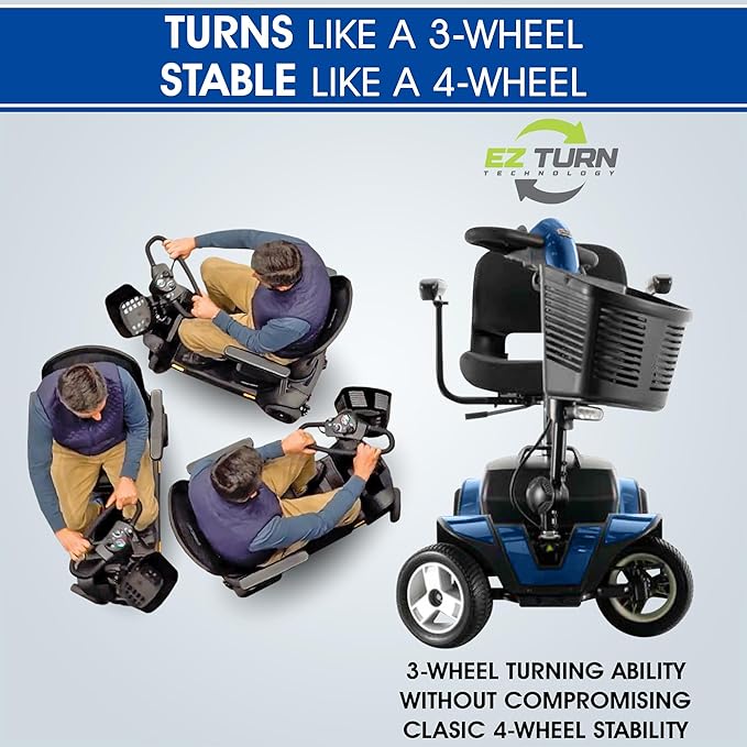 Pride Go Go Sport 4 Wheel Mobility Scooter + Pride Mobilty Cell Phone Mount, XLR Phone Charger, Mobility Yours Rear Basket, New Easy Turn Feature, LED Headlight, 325 Lbs Capacity, Warranty
