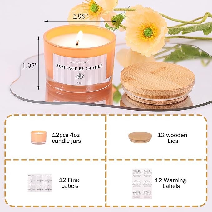REISEN 12 PCS Orange Candle Jars for Making Candles, 4 OZ Glass Jars with Bamboo Lids and Sticky Warning Labels, Candle Containers for DIY Gifts, Candle Making Supplies