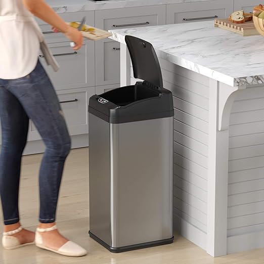 iTouchless 13 Gallon Sensor Kitchen Trash Can with Lid and Odor Filter, Stainless Steel Trashcan Extra-Wide Lid Opening Slim Garbage Bin for Home Office Work Bedroom Living Room Garage Large Capacity