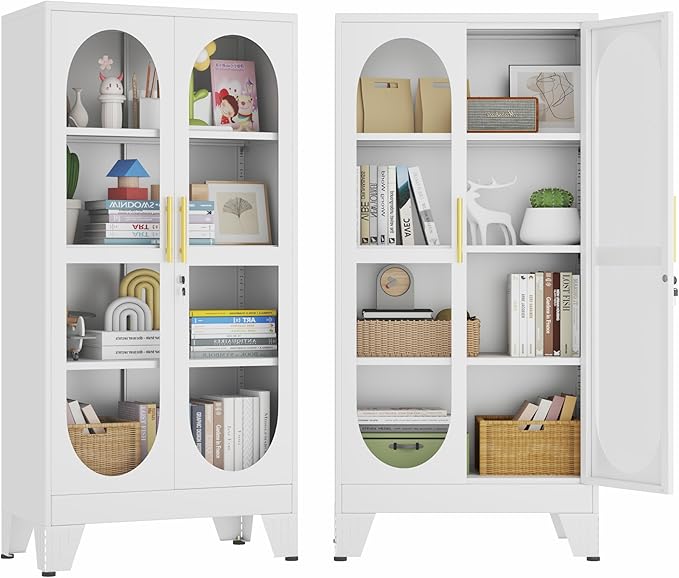 Ckzbx Glass Locker Metal Cabinets 61" H Locking Tool File Cabinets Snack Locker Organizer for School Classroom,Bedroom,Gym Home Office,Entryway and Hallwa (White)