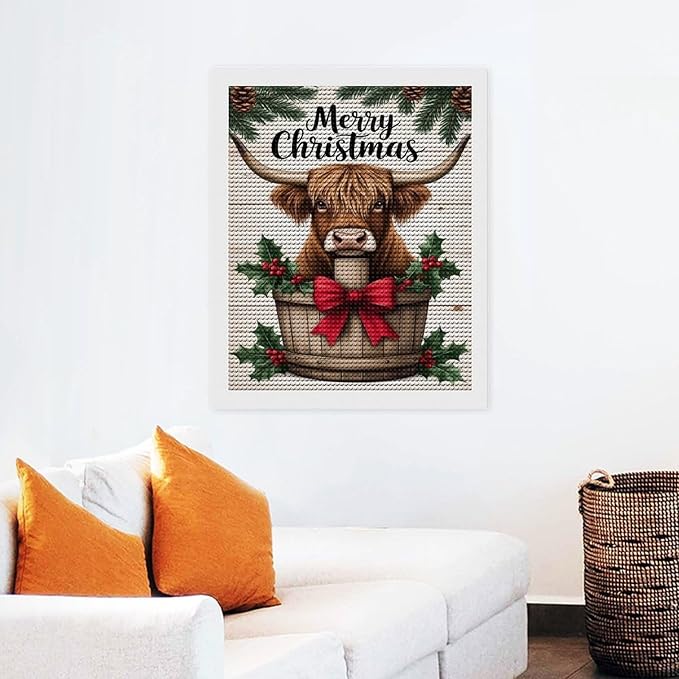 AIVKIEJK Diamond Painting Kits for Adults - Highland Cow Merry Christmas Painting DIY 5D Full Drill Diamond Dots Paintings with Diamonds Gem Art and Crafts Home Decor 16"x20"