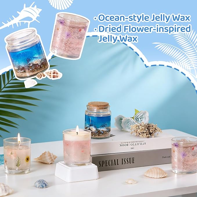 DIY Jelly Wax Candle Making Kit with Jars - Complete Transparent Gel Candle Maker Kit, Ocean Theme Gel Kit & Floral Jelly Wax Set, Includes Dried Flowers, Shells & Essential Oils