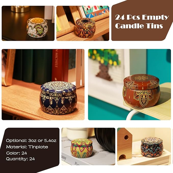MeiGlow Empty Candle Tins for Making Candles, 24 Pack 5.4 oz with Lids, Cotton Wicks, Wick Stickers and Holders