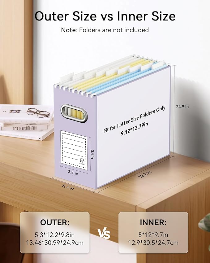 Oterri File Organizer Box, Portable Collapsible Cardboard File Folder Organizer with Handle for Letter Size Hanging Files, Document Storage Box for Home Office & Classroom (6 Packs, Purple)