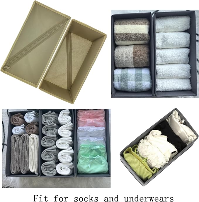 Sock Drawer Organizer 9 Pack - Collapsible Fabric Storage Bins for Underwear Divider, Small Closet Organizers with 9 Compartments, Khaki