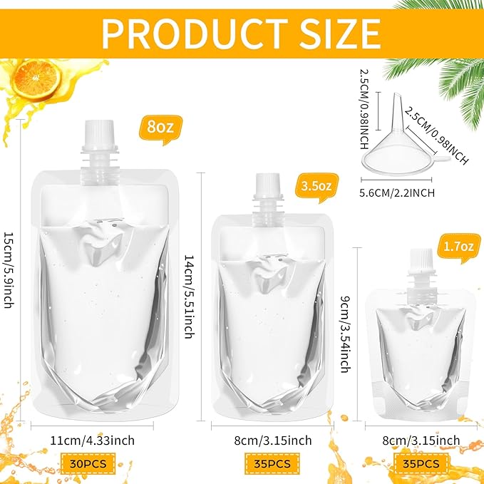 100 Pcs Plastic Pouches Bulk Clear Juice Bags Squeeze Pouches Plastic Leak Proof Bags with Funnel for Party Favors (1.7 oz/3.5 oz/8oz)