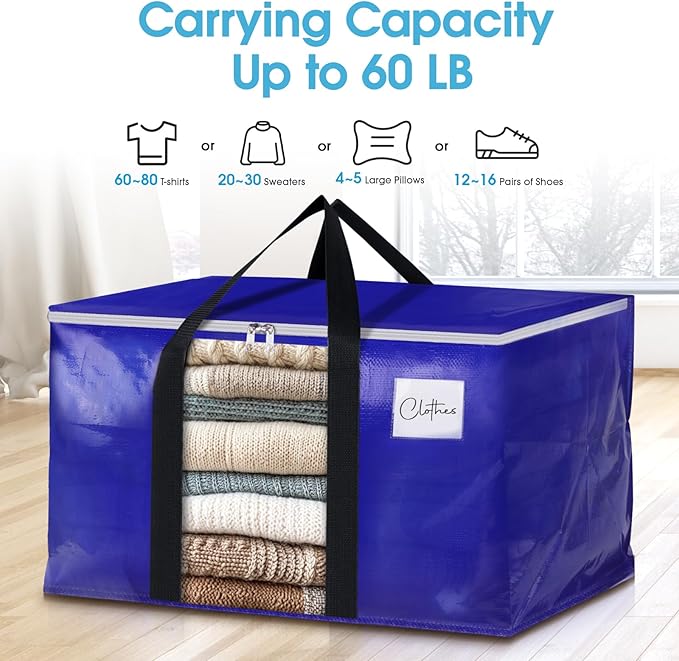 BlissTotes 8 Pack Moving Bags with Clear Window, Storage Bags with Strong Carrying Handles & Zippers,Large Packing Bags for Saving Space, Alternative to Moving Boxes(Blue,20 Gallon)