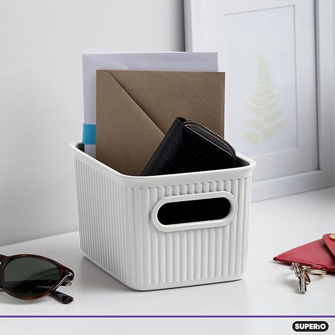 Superio Ribbed Collection - Decorative Plastic Basket Open Home Storage Bins Organizer, Small White (1 Pack) Container Boxes for Organizing Closet Storage Bins for Shelves Drawer Shelf 1.5 Liter