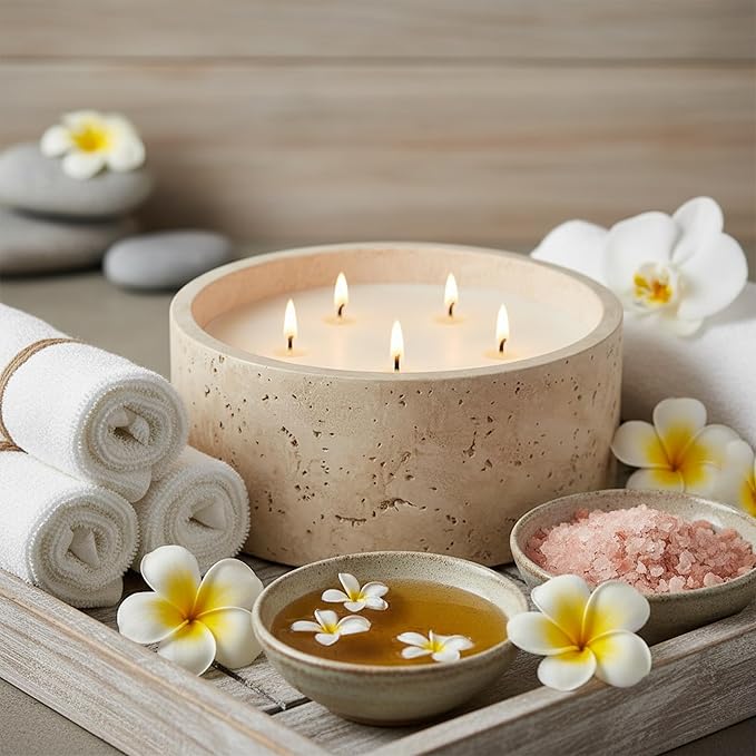 Scented Candle - Sea Salt & Bergamot & Coconut, 42 oz. 5 Wick Large Candle Made with Coconut Oil and Soy Blend Wax | Acacia Wood Lid