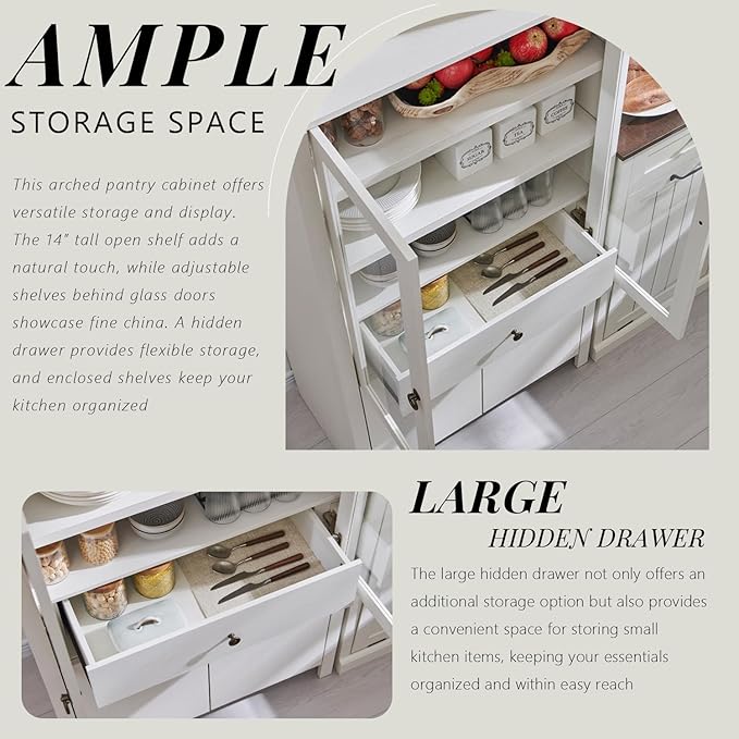 71" Tall Arched Kitchen Pantry Cabinet, Modern Farmhouse Kitchen Storage Cabinets with Open & Adjustable Shelves, Hidden Drawer & Glass Door, Versatile Cupboard for Kitchens, Dining Room, White