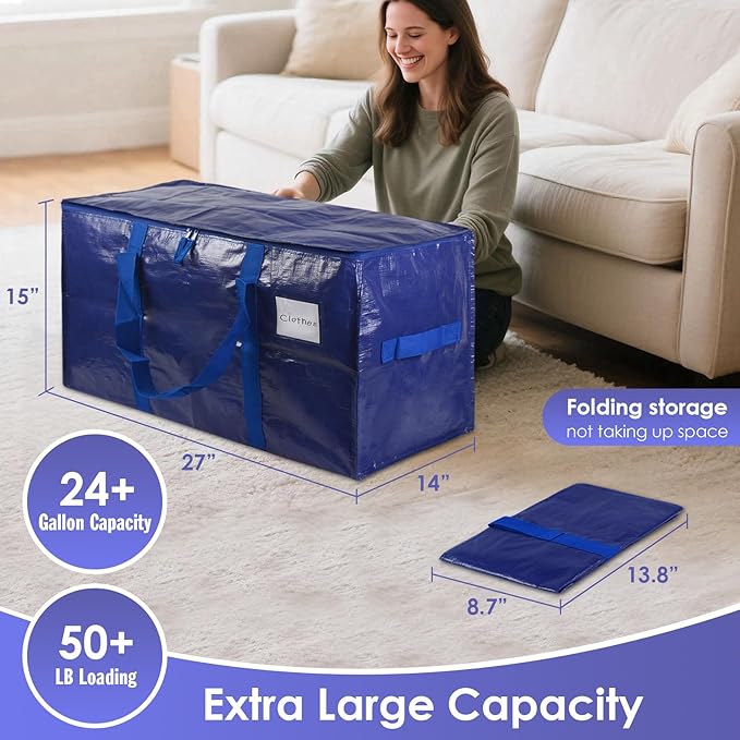 SINLAND 4 Pack Extra Large Heavy Duty Moving Bags with Strong Zippers, Reinforced Handles and Tag Pocket, Packing Totes Supplies for College Dorm Room, Packing Bags for Saving Space (Blue)