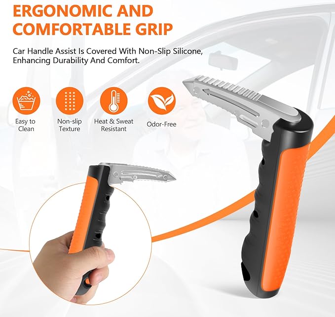 Kaiedos Car Door Handle for Elderly, 3-in-1 Car Handle Assist for Seniors, Portable Auto Cane Vehicle Support Handle, 500 lbs Capacity, Non-Slip Door Assist Bar (Orange, 2-Pack)