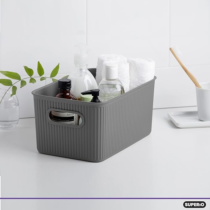 Superio Decorative Plastic Basket Open Home Storage Bins Organizer Baskets, Medium, Grey (8 Pack) Container Boxes for Organizing Closet Storage Bins for Shelves Drawer Shelf, 5 Liter