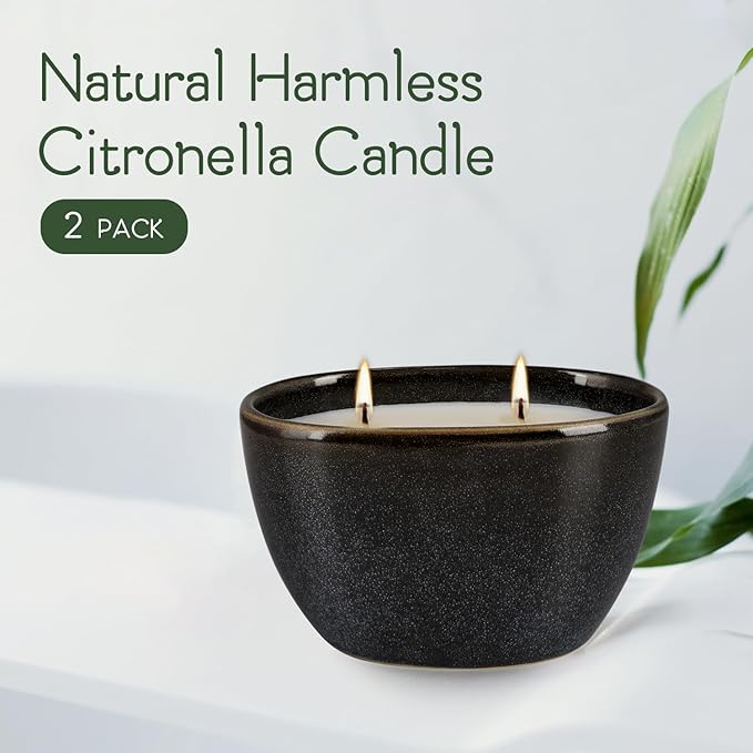 2 Pack of 2-Wick citronella Candles in Black Ceramic Jars, Long Burning, Summer Companion Ideal for Indoor Outdoor,Camping, Backyard, Home Decoration,Party.