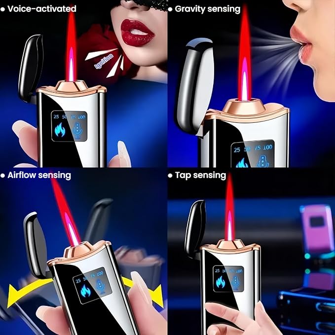 Smart Butane Lighter, Voice-Activated Sensor Torch Lighter with 4 Ignition Modes, Windproof Red Flame Refillable Lighters (Without Fuel) (Silver Sand)