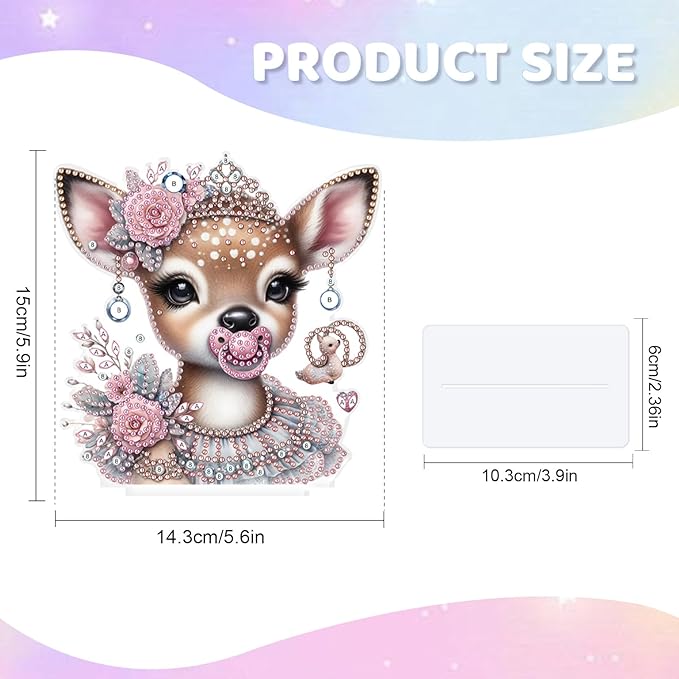 antor DIY Diamond Painting Desktop Ornament Kit, Acrylic Tabletop Diamond Art Decoration, Special Shape Diamond Painting Figurine Ornaments DIY Crafts Gift, Deer with Pink Rose Crown