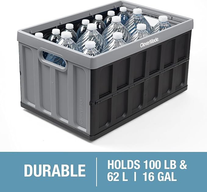 CleverMade Collapsible Storage Bins with Lids (62L, 3 Pack) – Heavy Duty Foldable Plastic Storage Crates for Garage, Closet & Trunk Organization - Obsidian