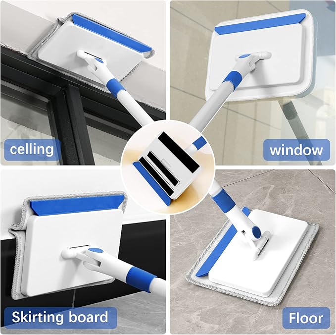 Baseboard Cleaner Tool with Handle, Wall Cleaner with Extendable Long Handle ,Door Frame Cleaning Tool Including 4 Reusable Cleaning Pads. Quick Clean Baseboard Cleaning, Ceiling and Wall.
