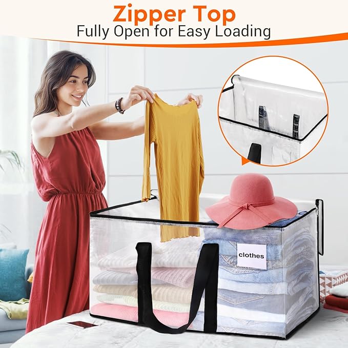 BlissTotes Clear Moving Bags Heavy Duty, 76L Extra Large Storage Bags with Zipper & Reinforced Handles, Waterproof PP Moving Totes for Clothes, Bedding, Comforters, Space Saving Storage (10 Pack)