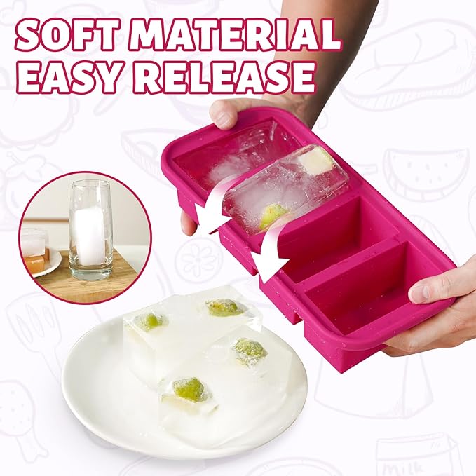SHIKORI Silicone Freezer Tray With Lid, Silicone Freezer Food Molds, Large Ice Cube Tray, Silicone Freezer Container,Freeze & Store Soup, Sauce, Broth,Leftovers (Red-6 Cups)