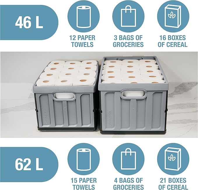 CleverMade Collapsible Storage Bins with Lids (62L, 3 Pack) – Heavy Duty Foldable Plastic Storage Crates for Garage, Closet & Trunk Organization - Obsidian