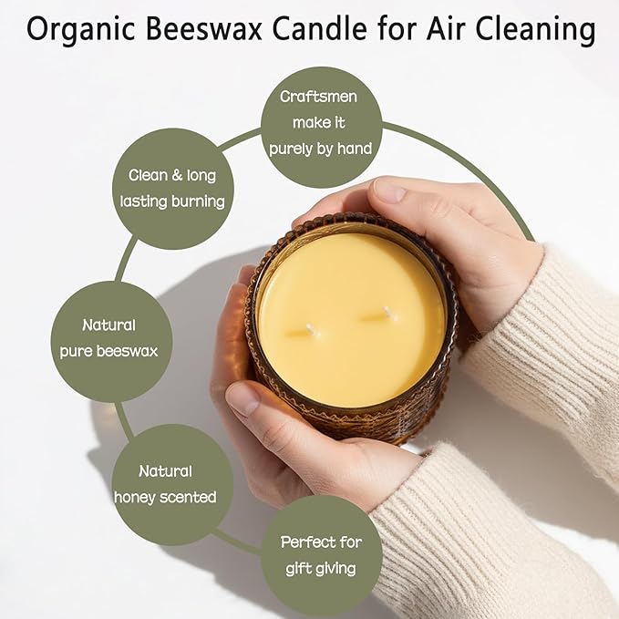 Organic Beeswax Candles in Glass Jar, 100% Pure Beeswax Jar Candles, 2-Wick Unscented Bees Wax Candle for Home, Gifts for Women & Men, Non Toxic, Natural, 40 Hour (Style 2)
