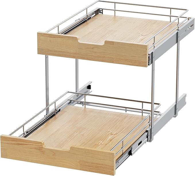 Sikarou Pull Out Cabinet Organizer,Heavy-Duty Slide Out Shelf, Wood and Wire Basket, Pull Out Drawer for for Kitchen Under Sink Space, Pantry, Bathroom, 2 Tie 17 * 21 in
