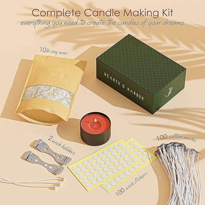 Hearth & Harbor Soy Candle Wax for Candle Making, Natural Soy Wax for Candle Making 10 lb Bag with Supplies, 100 Cotton Candle Wicks, 100 Wick Stickers, 2 Centering Devices - 10 Pounds Soy Wax Flakes