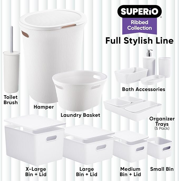 Superio Decorative Plastic Basket Open Home Storage Bins Organizer Baskets, Small, White (8 Pack) Container Boxes for Organizing Closet Storage Bins for Shelves Drawer Shelf, 1.5 Liter