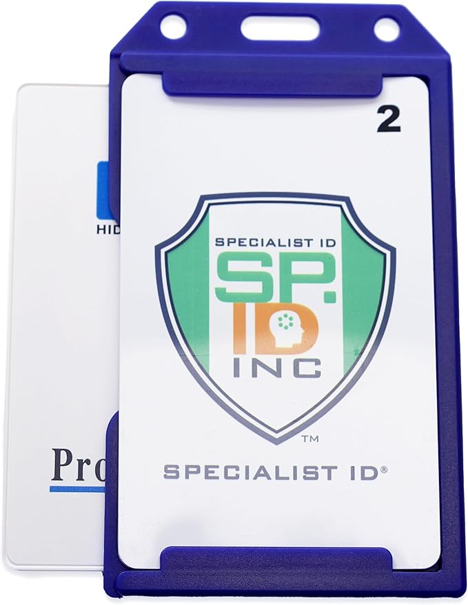 5 Pack - Heavy Duty 2-Sided Rigid Multi Card Holder - Hard Plastic Vertical ID Badge Holders for 2 Standard or Thick Prox Cards, Fuel Card, CAC, Work Badge, or Credit Cards by Specialist ID (Blue)