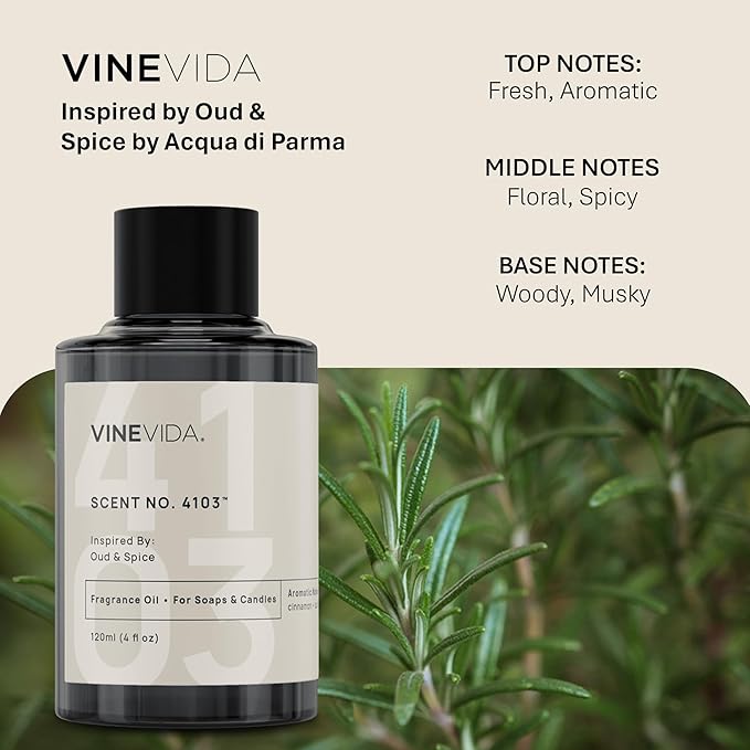 VINEVIDA [120mL] Oud & Spice Fragrance Oil for Candle Making - Natural Candle Oil Scents - Soap Making Essential Oil - Made in USA
