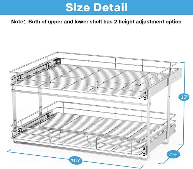 LOVMOR Individual Pull Out Cabinet Organizer, 2 Tier Slide Out Cabinet Drawers, Pots and Pans Organizer and Storage Pantry Shelf for Kitchen (31½" W x 21½" D)