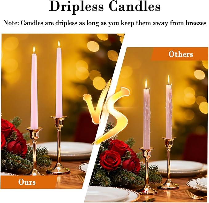 10 Inch Pink Taper Candles Set of 24,Unscented,Smokeless and Dripless Candlestickst for Valentine's Day,Household, Wedding, Party and Home Décor Candlesticks,Shabbat,8 Hours Burn Time