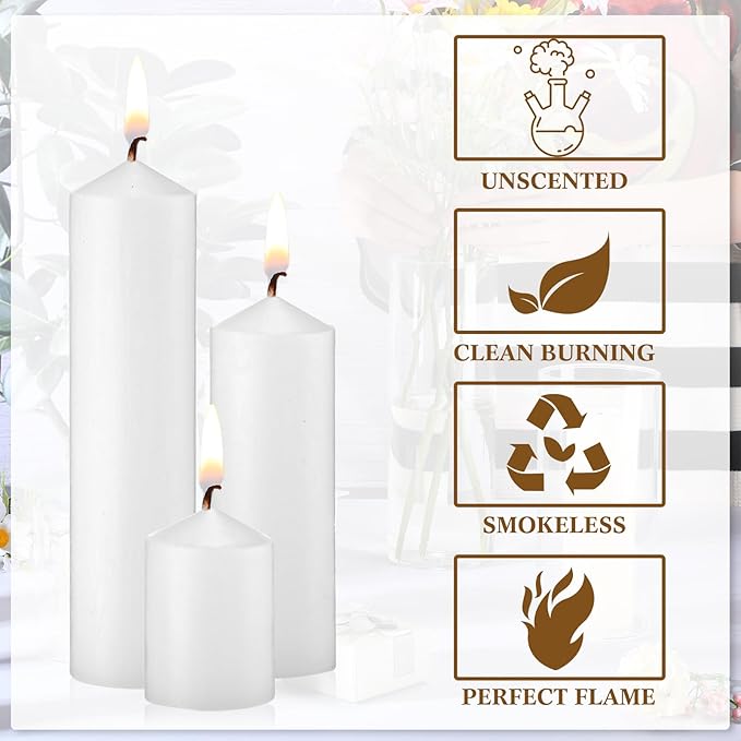 MTLEE 36 Pcs Pillar Candles Bulk Set of 3 Long Burning Wax Pillar Candles 2 in x 3, 6, 8 Inch Dripless Unscented Smokeless for Wedding Party Spa Lantern Fireplace Home(White)