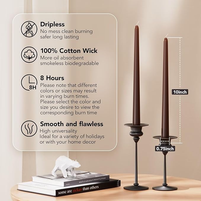 10-Inch Tall Dripless Taper Candles Set of 4 - Cocoa Brown Tapered Candles, Perfect for Spring - Smokeless, Unscented, Long Burning - Hand Poured, Colored Tall Candlesticks - Chocolates