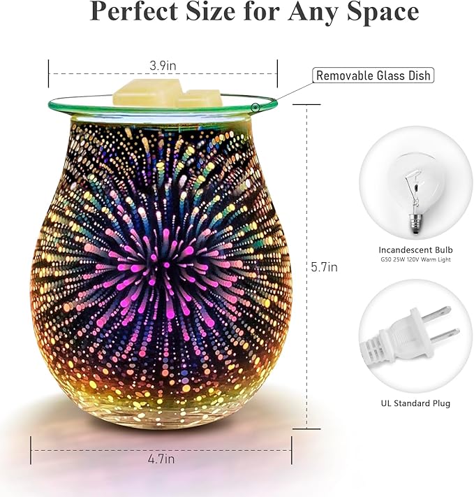 EQUSUPRO Wax Melt Warmer with Timer- Electric 3D Glass Wax Melter Candle Melt Warmer Wax Burner Fragrance Warmer for Scented Candles and Wax Melts to Home Office Gifts & Decor (Fireworks-Dimmer)